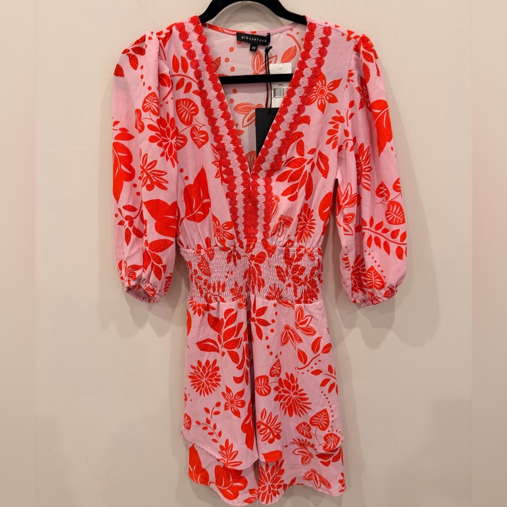 Gibsonlook Pink & Red Floral Smocked Waist Dress XS NWT Boho V-Neck Nordstrom